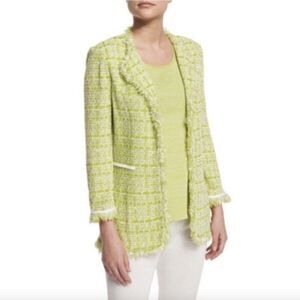 Misook Open Front Tweed Jacket Size M Green White Blazer Knit Long Sleeve